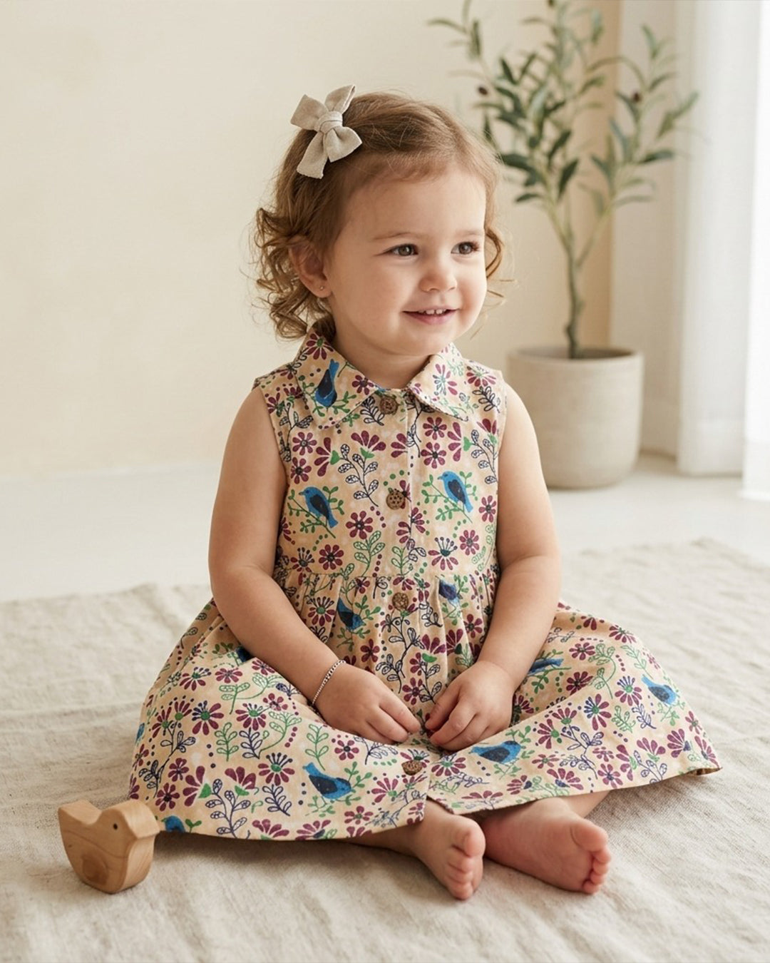 Bird Print A-Line Knee Length Dress