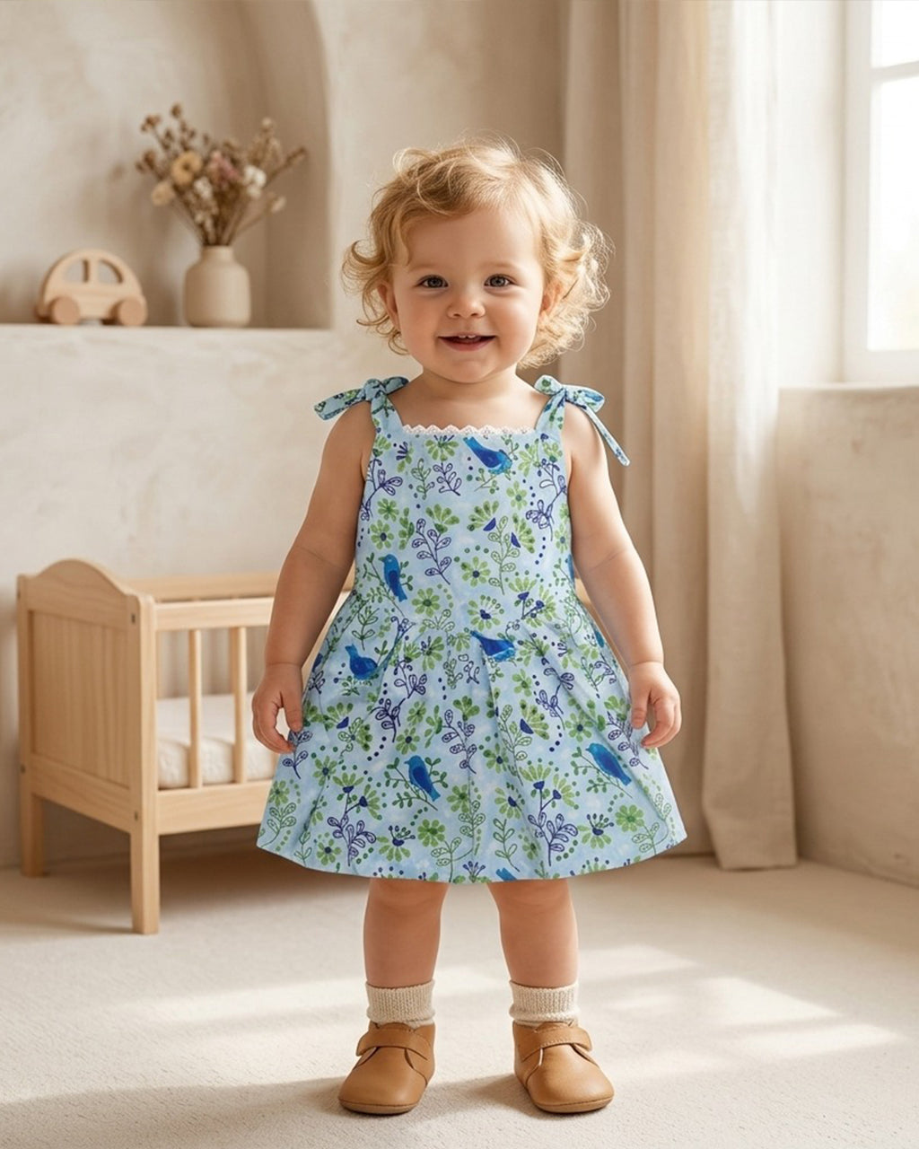 Floral Bird Print A-Line Knee Length Frock