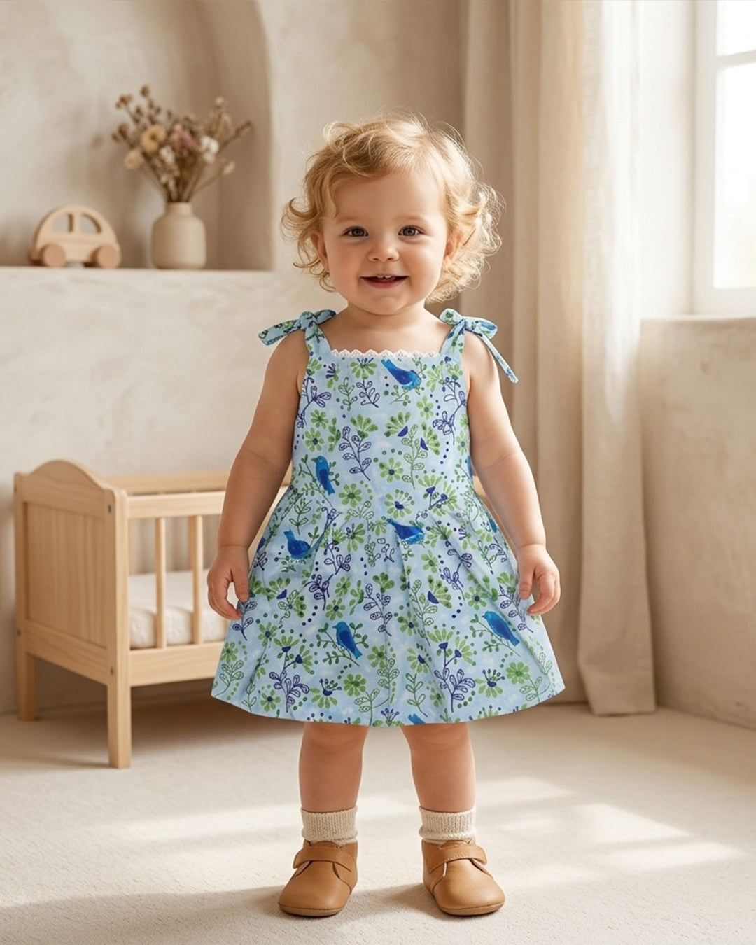 Floral Bird Print A-Line Knee Length Frock