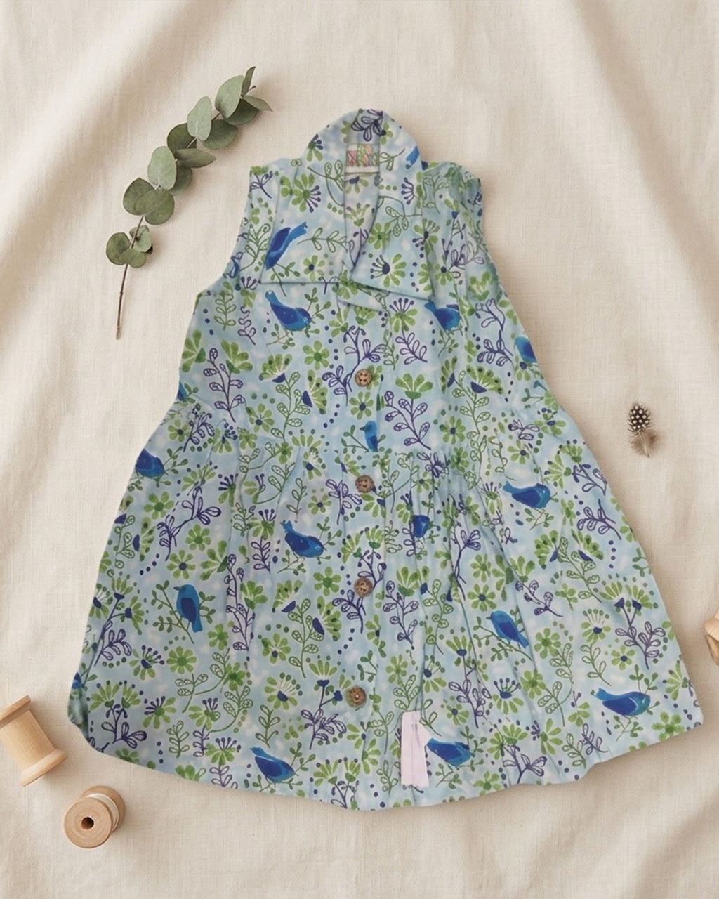 Sleeveless Floral Bird Print A-Line Frock
