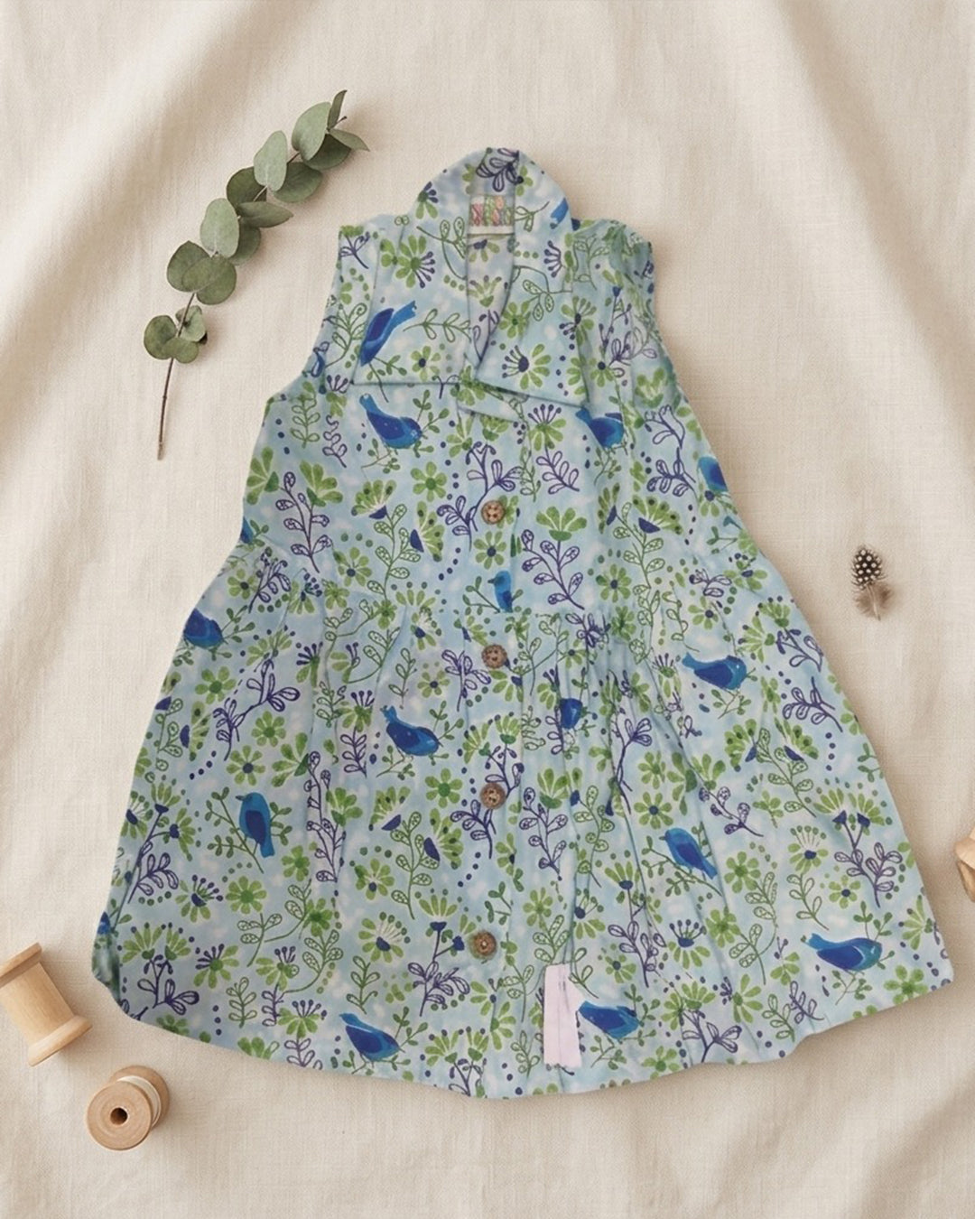 Sleeveless Floral Bird Print A-Line Frock
