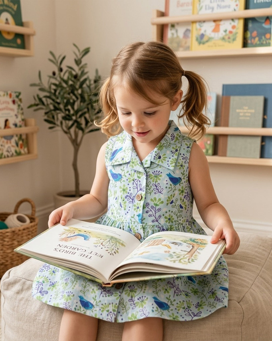 Sleeveless Floral Bird Print A-Line Frock