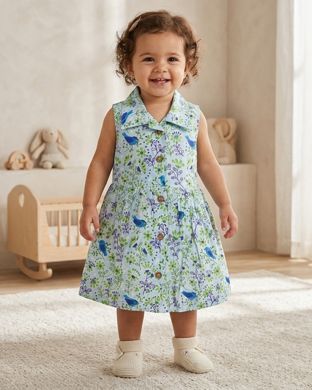 Sleeveless Floral Bird Print A-Line Frock