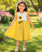 Yellow Floral Sunflower Applique Aline Flayer Sleeves Frock