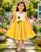 Yellow Floral Sunflower Applique Aline Flayer Sleeves Frock