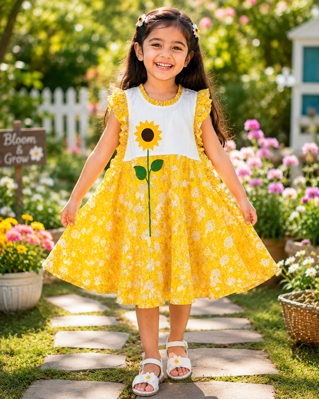 Yellow Floral Sunflower Applique Aline Flayer Sleeves Frock