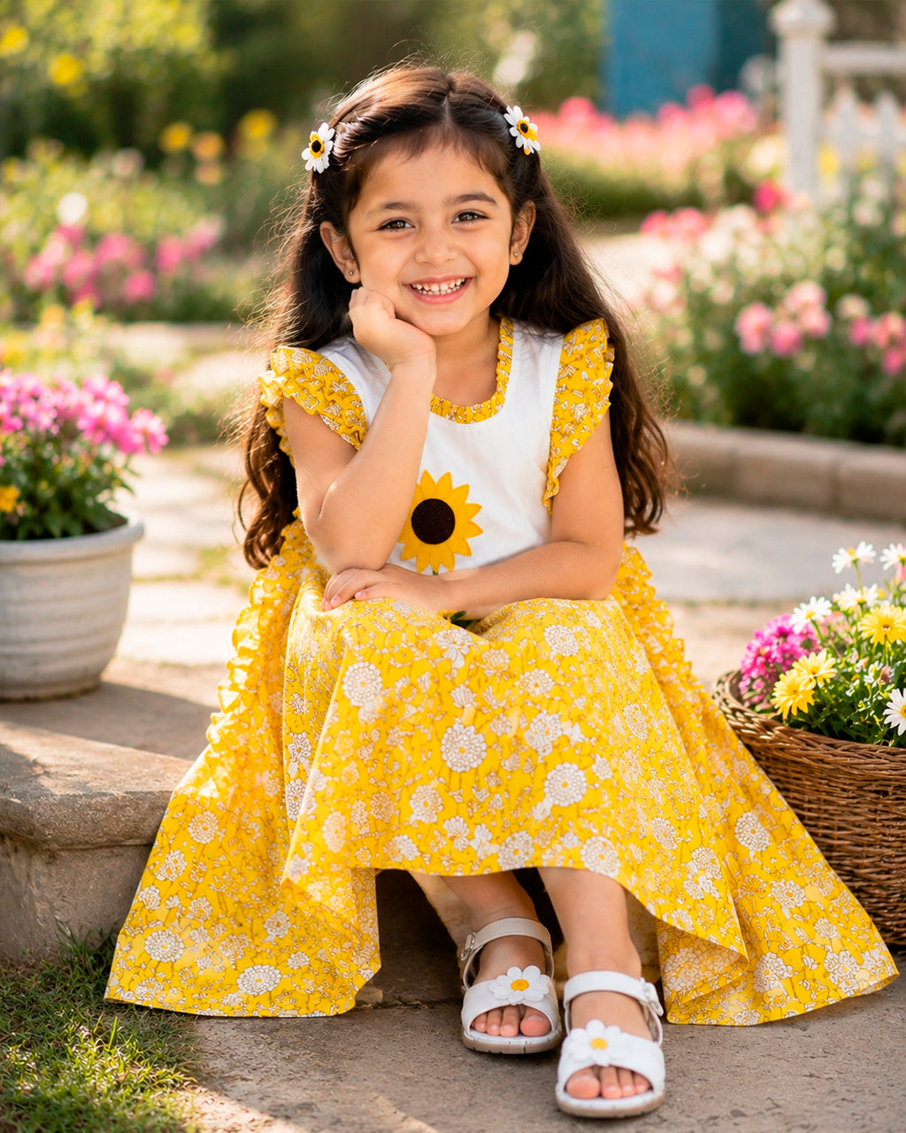 Yellow Floral Sunflower Applique Aline Flayer Sleeves Frock
