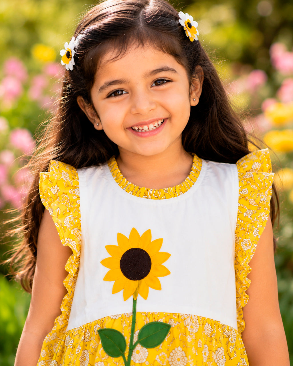 Yellow Floral Sunflower Applique Aline Flayer Sleeves Frock