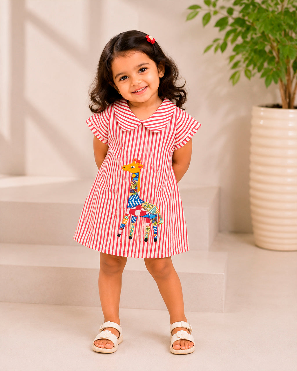 Red Stripes With Multicolour Giraffe Applique A-line Frock