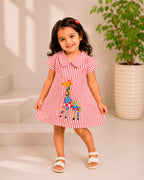 Red Stripes With Multicolour Giraffe Applique A-line Frock