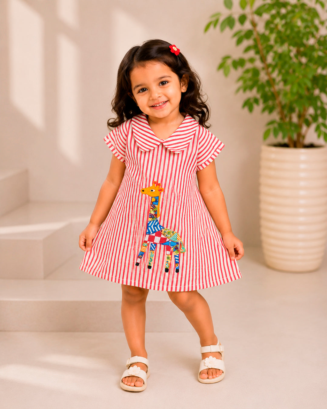 Red Stripes With Multicolour Giraffe Applique A-line Frock