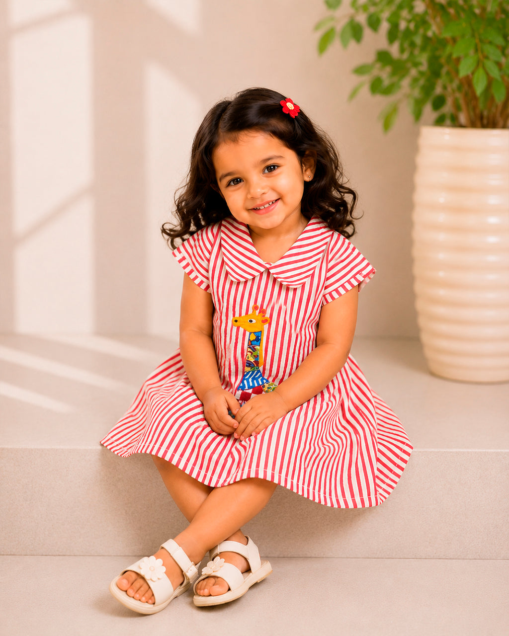 Red Stripes With Multicolour Giraffe Applique A-line Frock