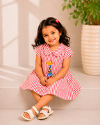 Red Stripes With Multicolour Giraffe Applique A-line Frock
