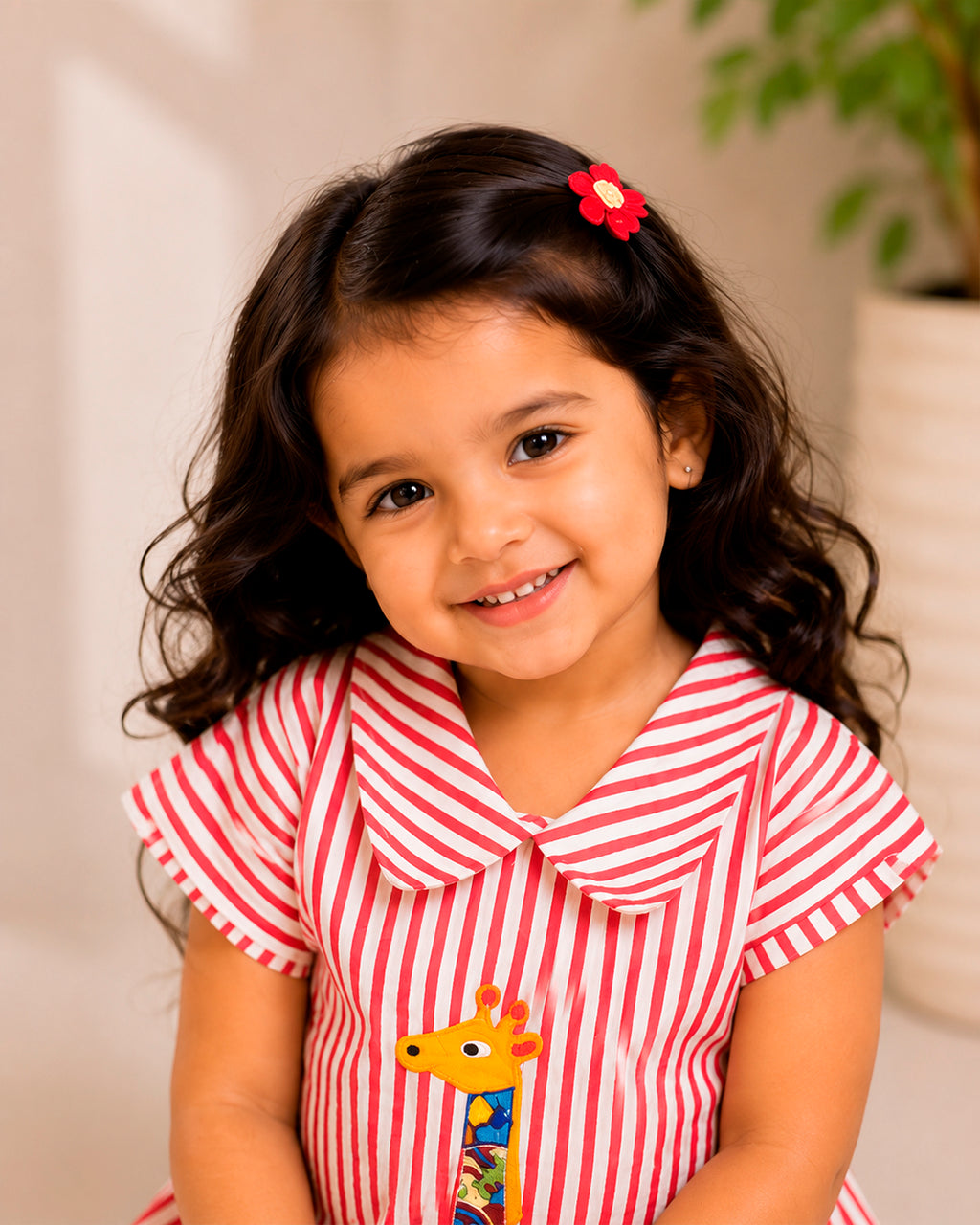 Red Stripes With Multicolour Giraffe Applique A-line Frock