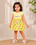 Cute Yellow With Purple Heart Kitty Embroidered Frock