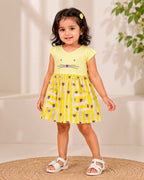 Cute Yellow With Purple Heart Kitty Embroidered Frock
