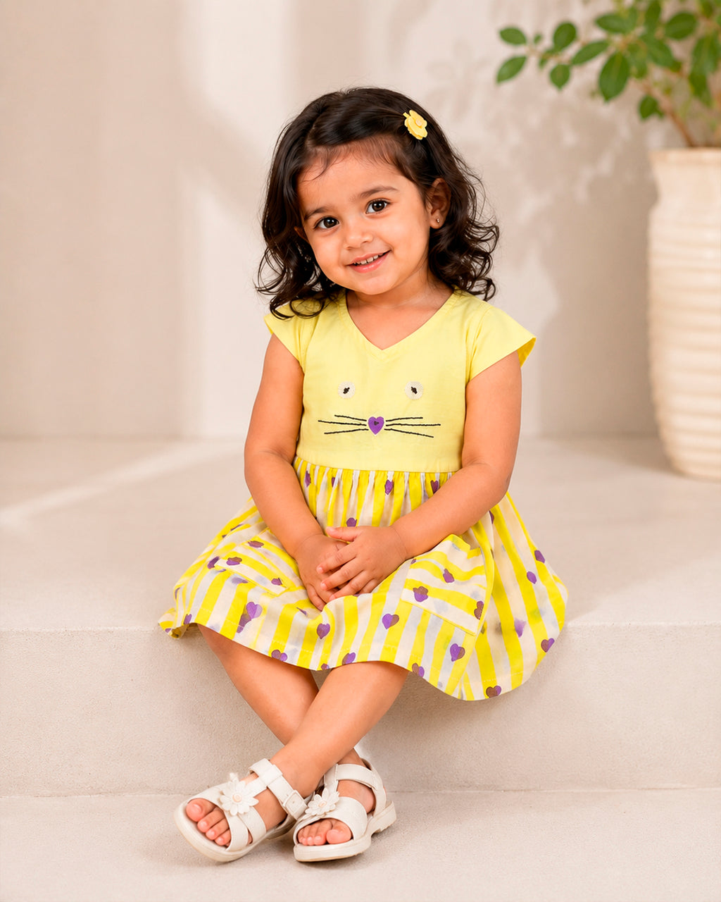 Cute Yellow With Purple Heart Kitty Embroidered Frock