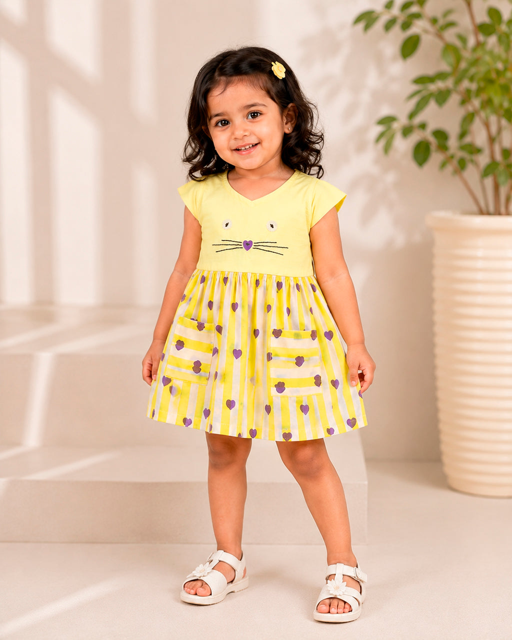 Cute Yellow With Purple Heart Kitty Embroidered Frock