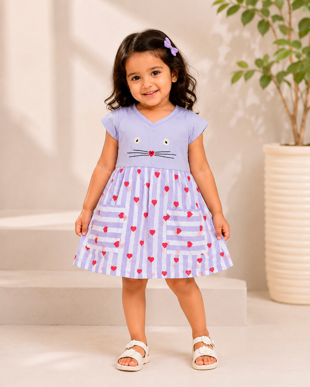 Cute Lavender With Red Heart Kitty Embroidered Frock