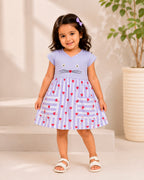 Cute Lavender With Red Heart Kitty Embroidered Frock