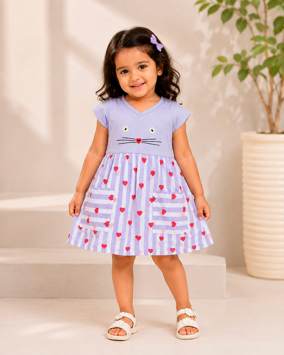 Cute Lavender With Red Heart Kitty Embroidered Frock