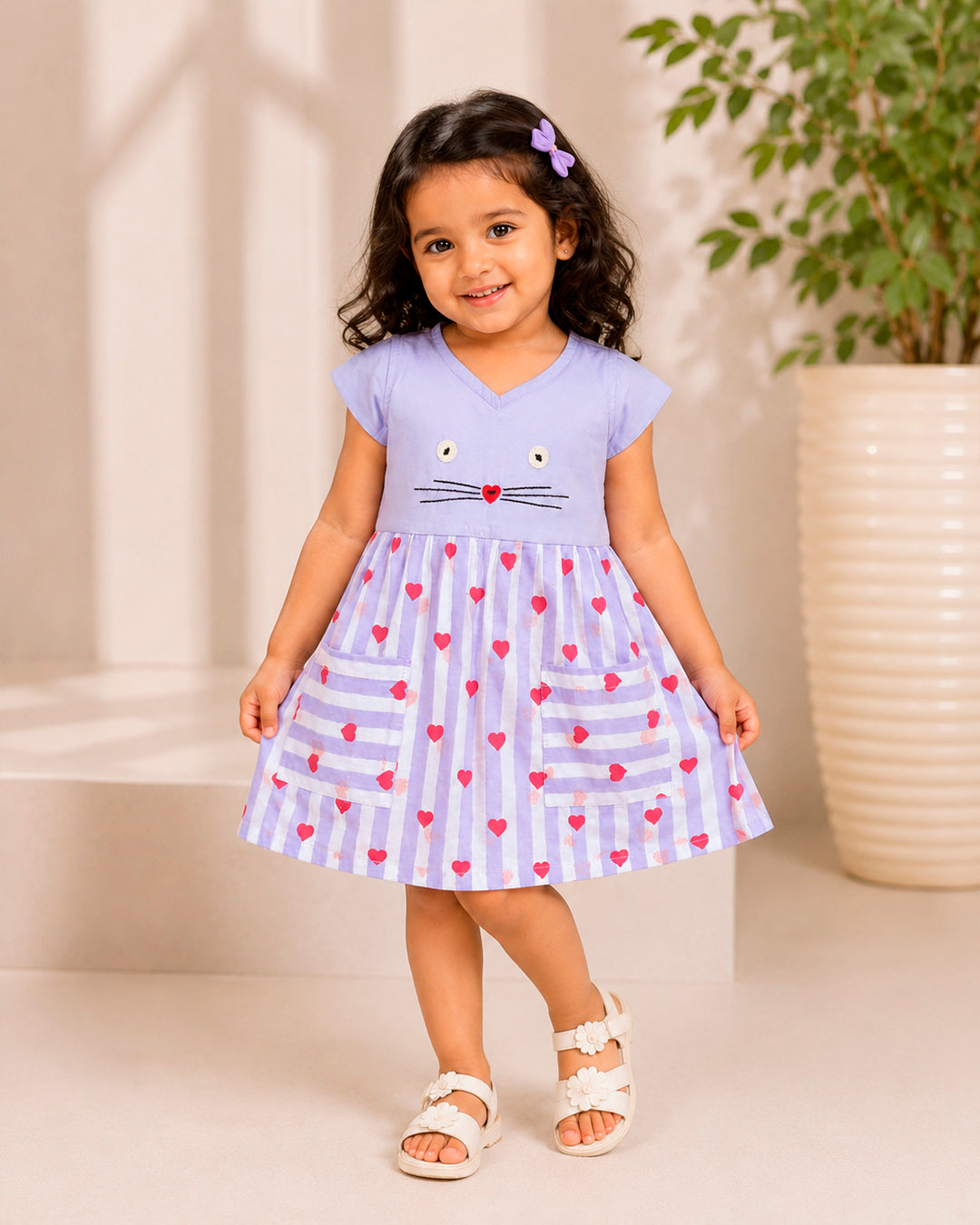 Cute Lavender With Red Heart Kitty Embroidered Frock