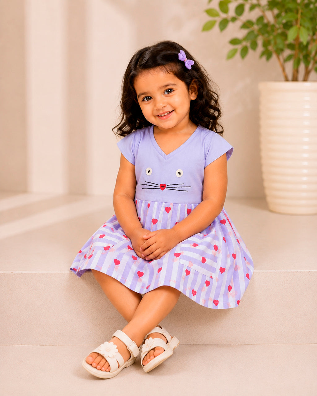 Cute Lavender With Red Heart Kitty Embroidered Frock