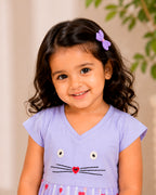 Cute Lavender With Red Heart Kitty Embroidered Frock