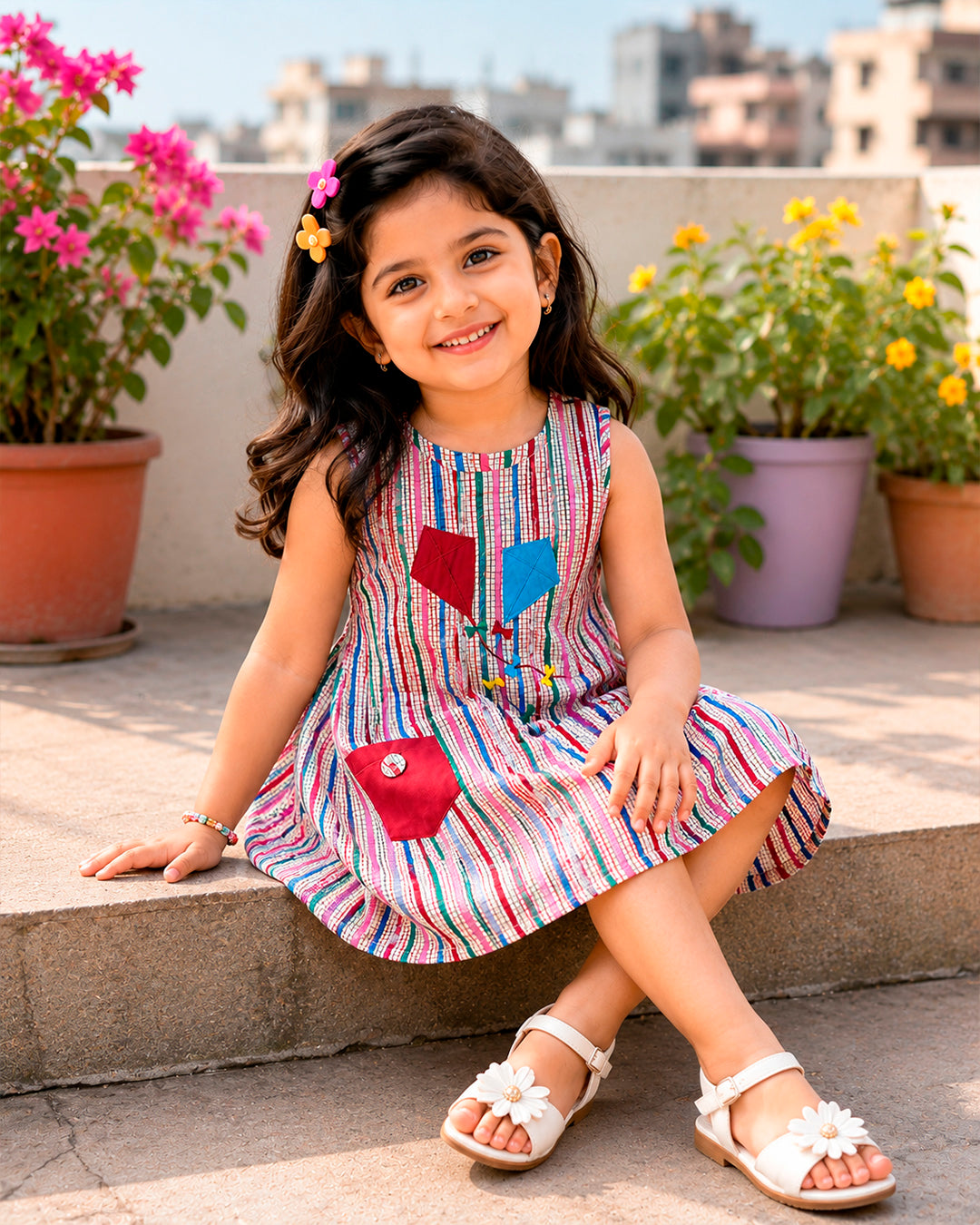 Kite Applique Work Striped Frock