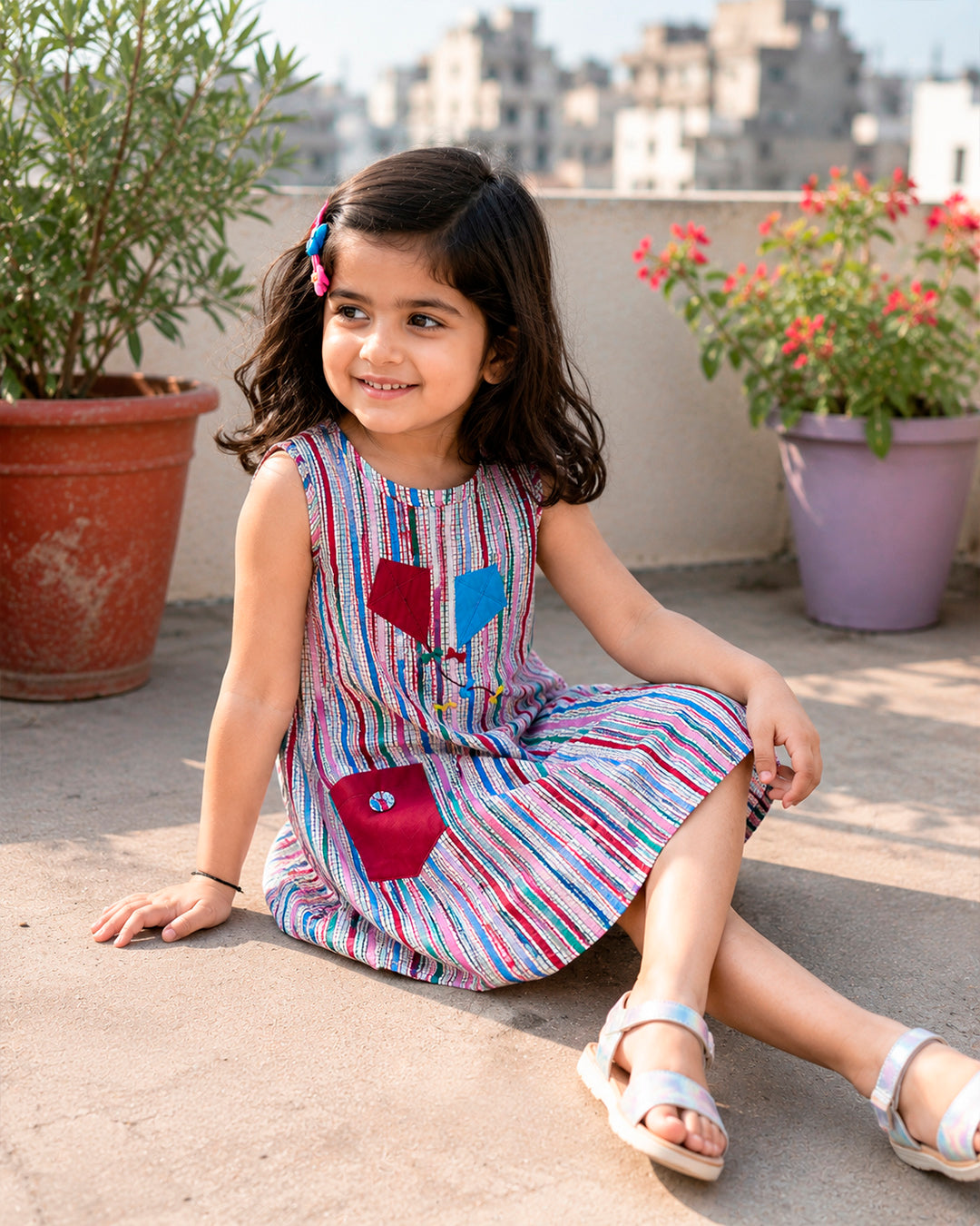Kite Applique Work Striped Frock