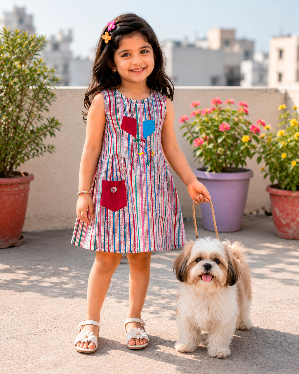 Kite Applique Work Striped Frock