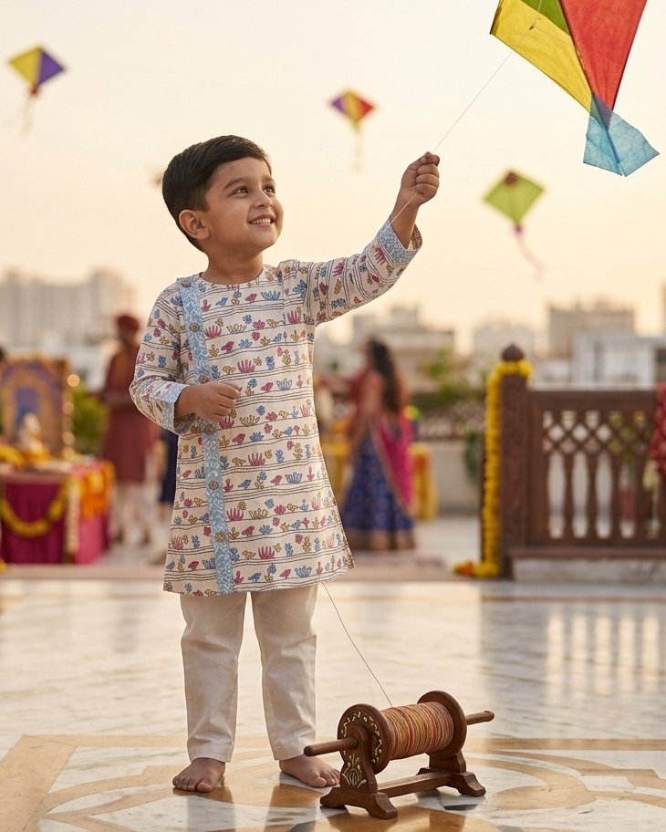 Bird Pattern Cotton Kurta for Boys