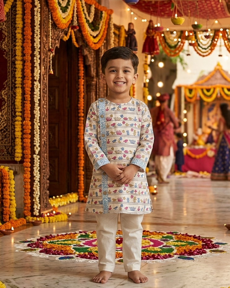 Bird Pattern Cotton Kurta for Boys