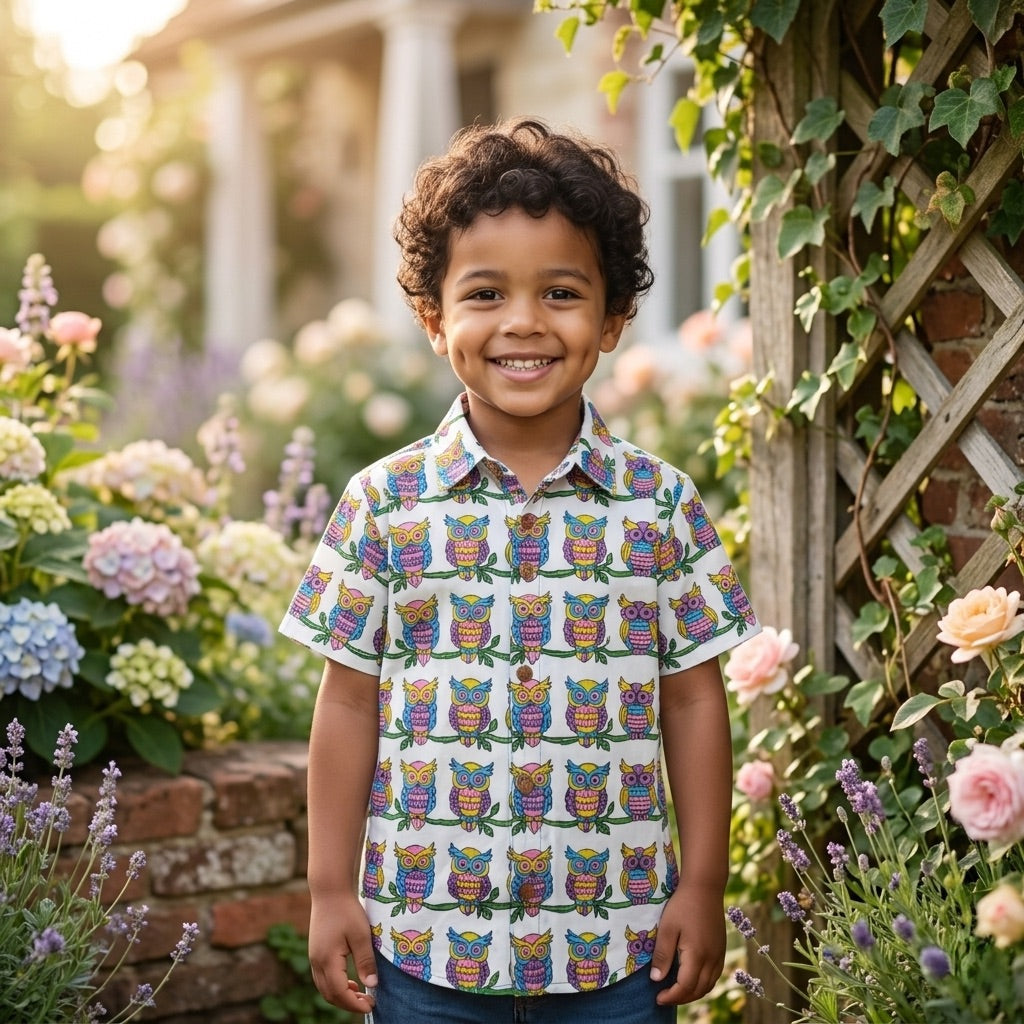 Owl Print Cotton Shirt for Boys