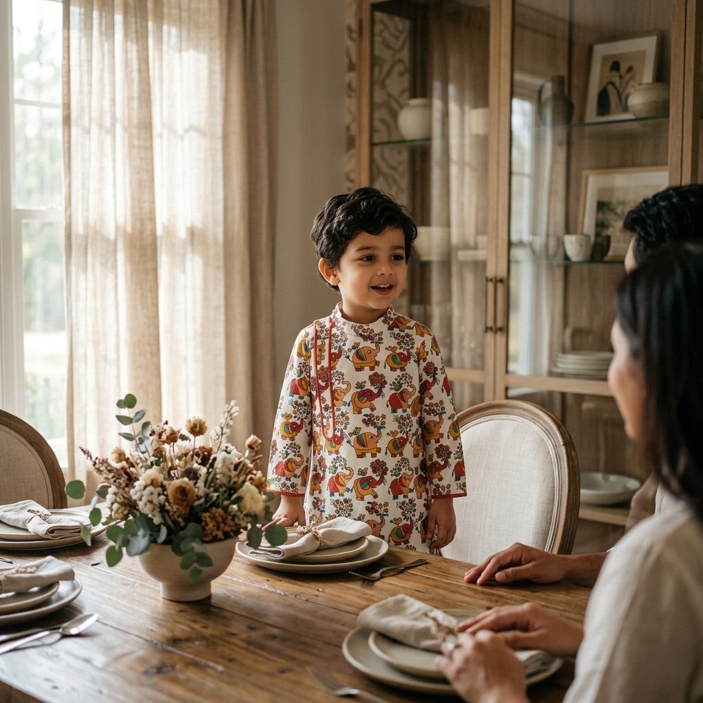 Elephant Print Cotton Kurta for Boys
