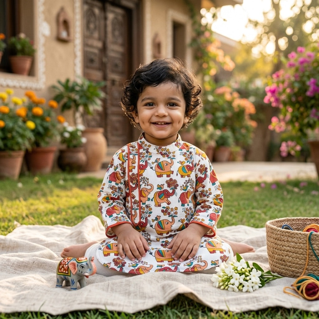 Elephant Print Cotton Kurta for Boys