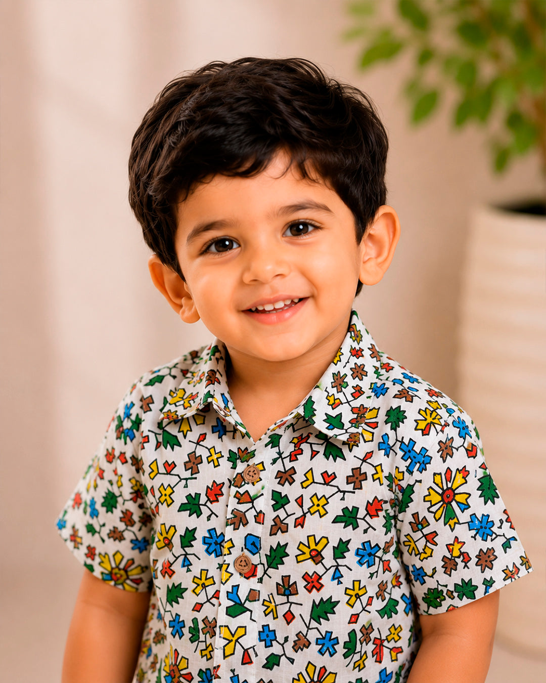 Doodle Style Floral Pattern Shirt for Boys