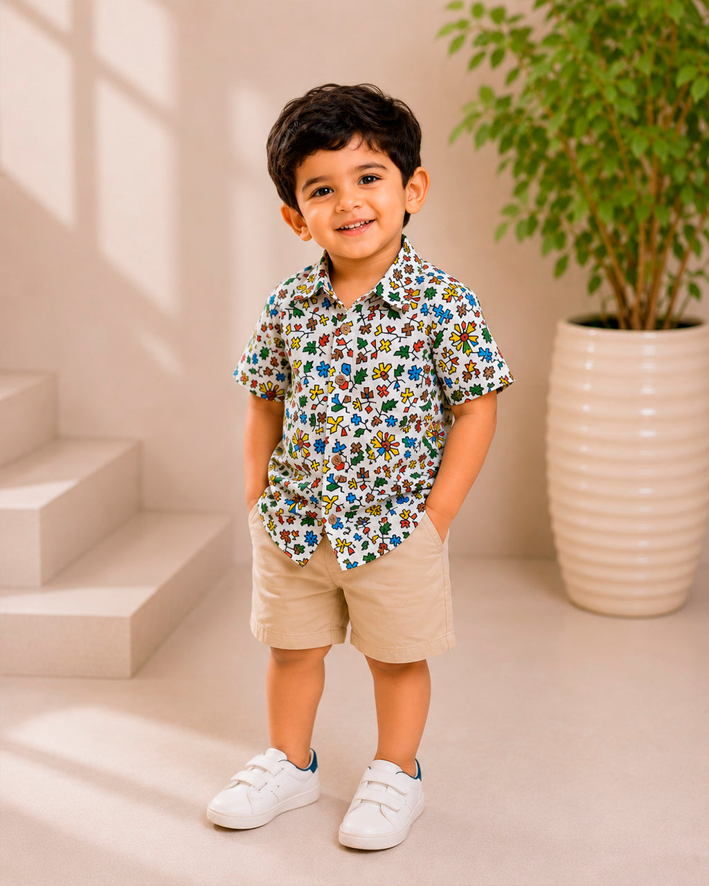 Doodle Style Floral Pattern Shirt for Boys