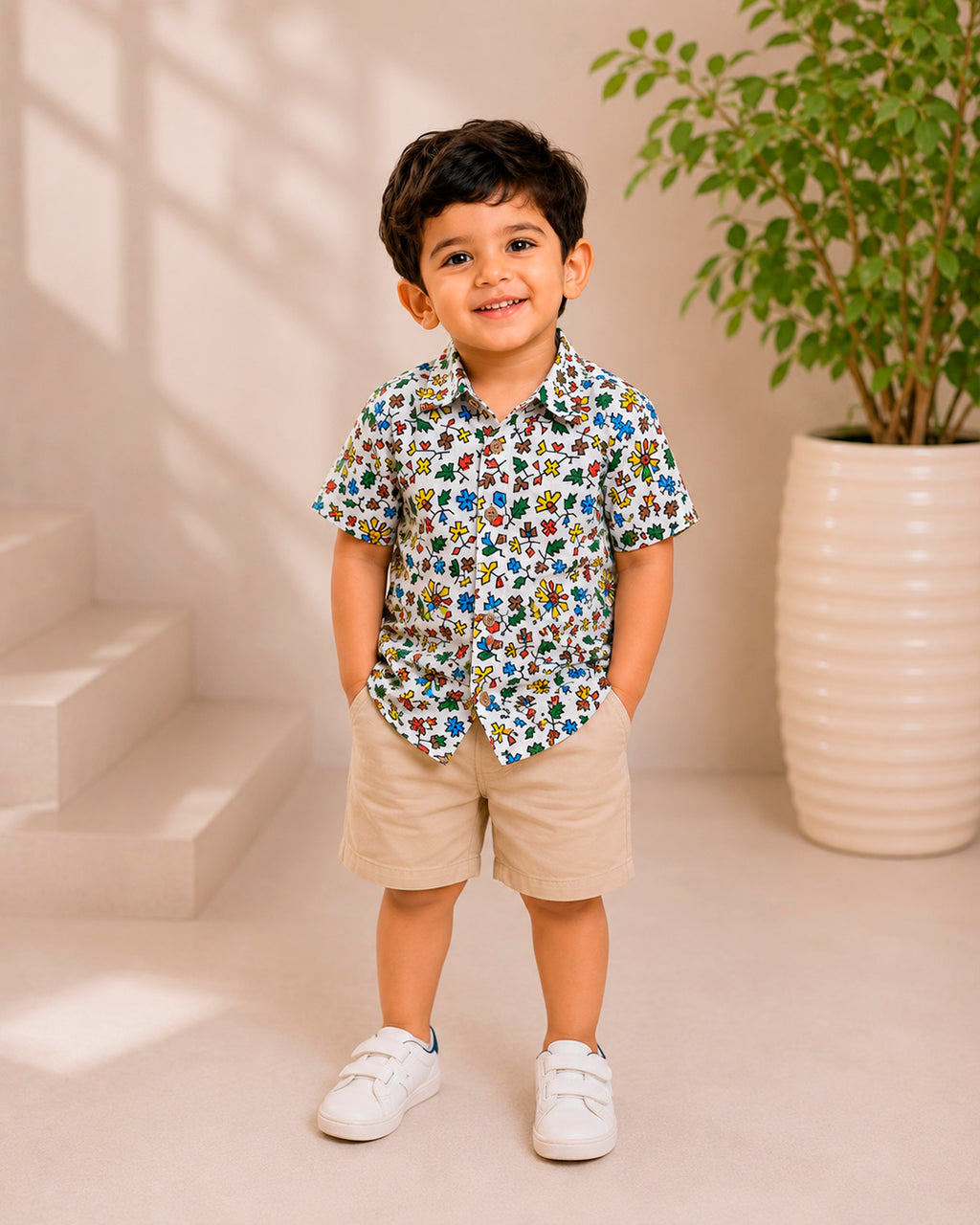 Doodle Style Floral Pattern Shirt for Boys