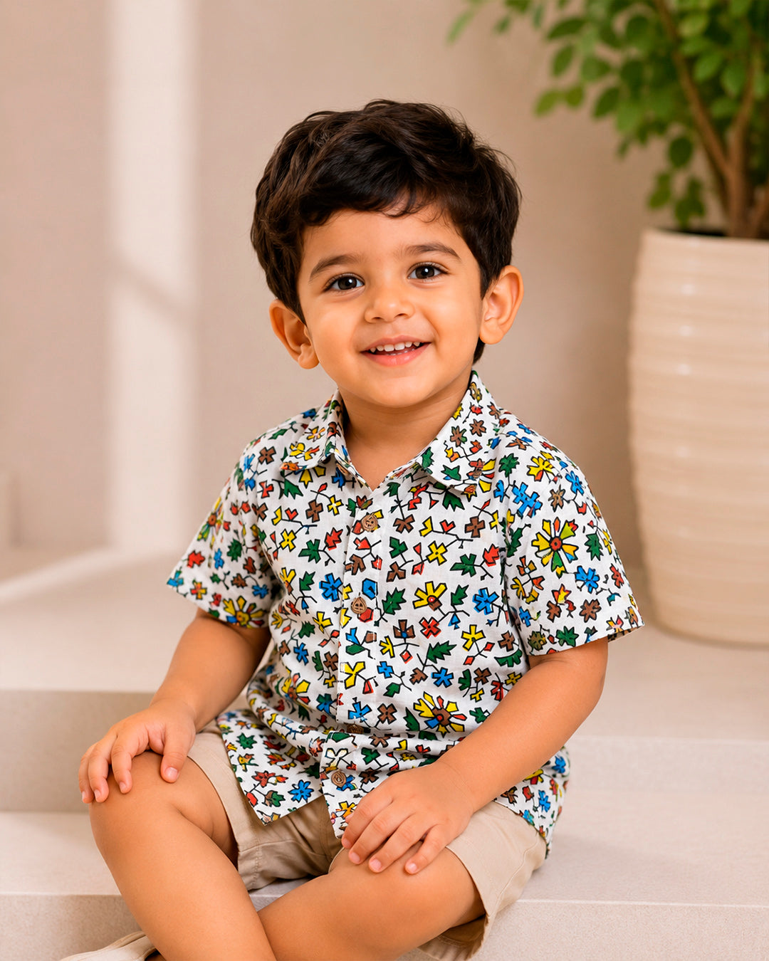 Doodle Style Floral Pattern Shirt for Boys