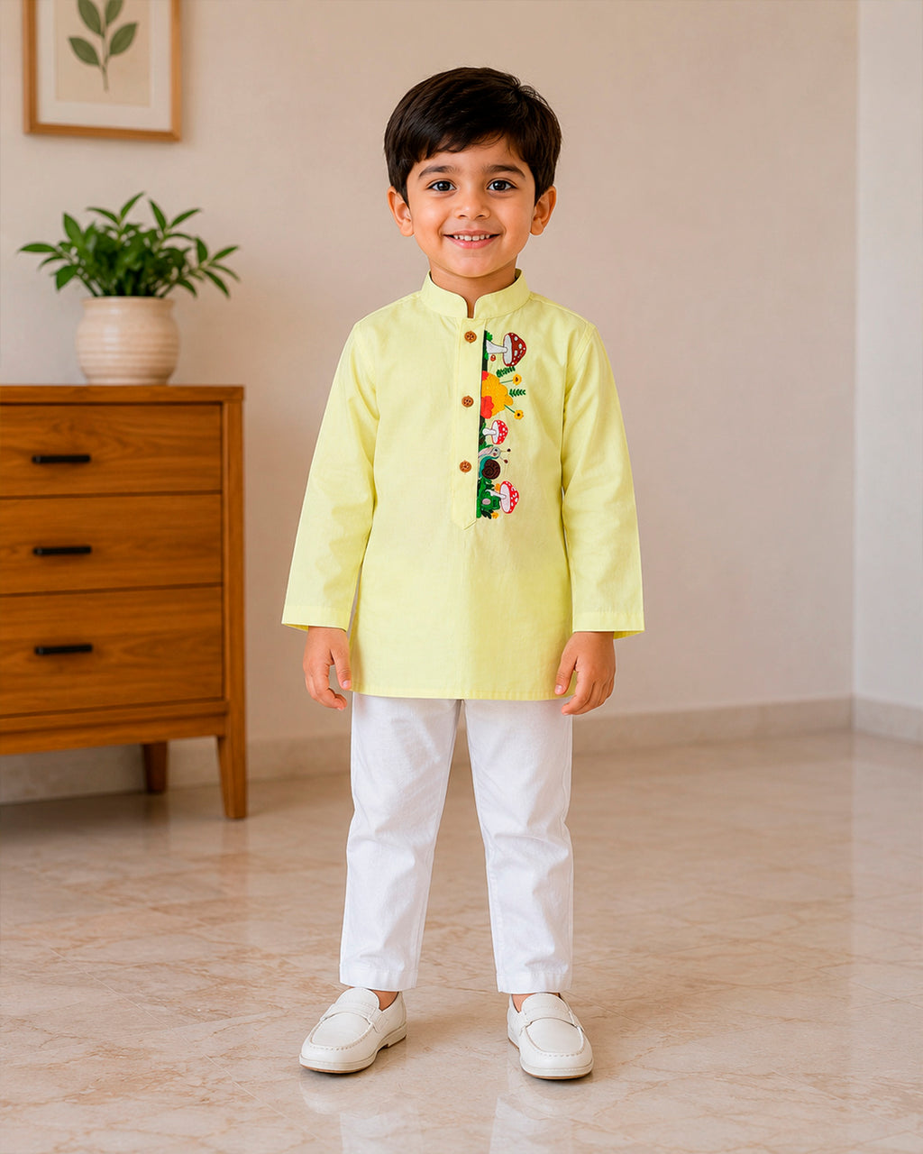 Sunflower Yellow Gardenia Embroidered Kurta for Boys