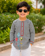Kite Applique Black Striped Kurta for Boys