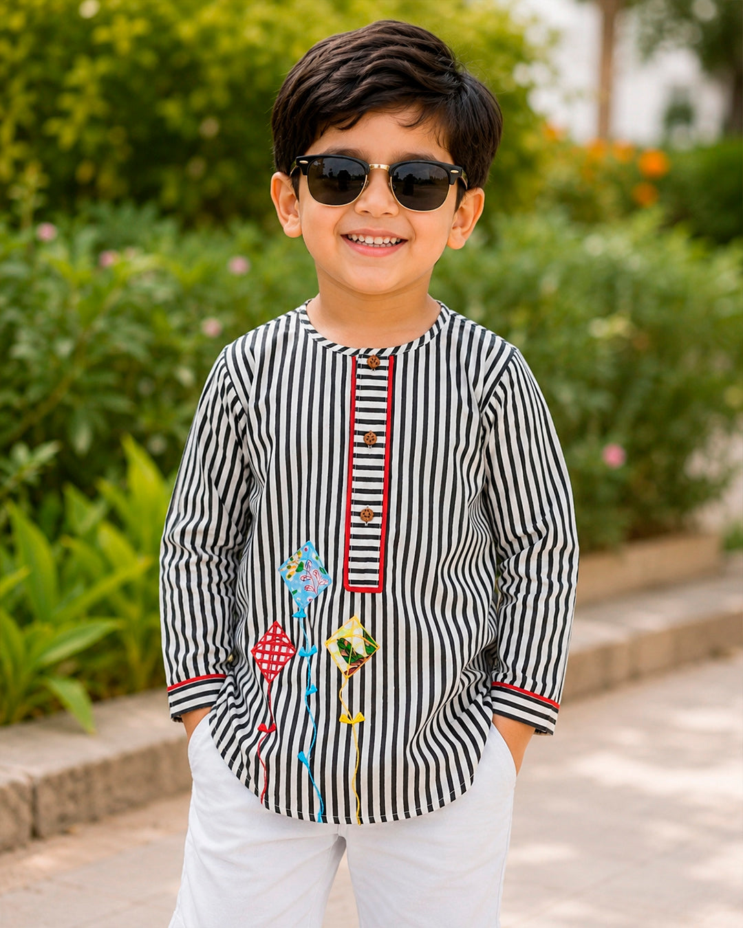 Kite Applique Black Striped Kurta for Boys