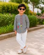 Kite Applique Black Striped Kurta for Boys