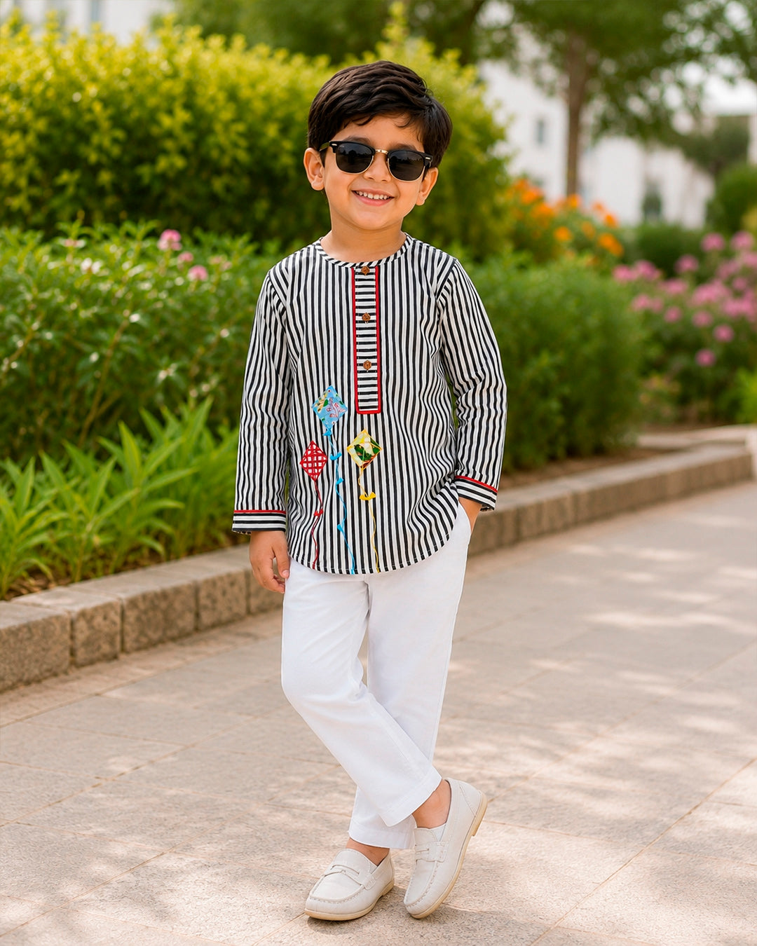 Kite Applique Black Striped Kurta for Boys