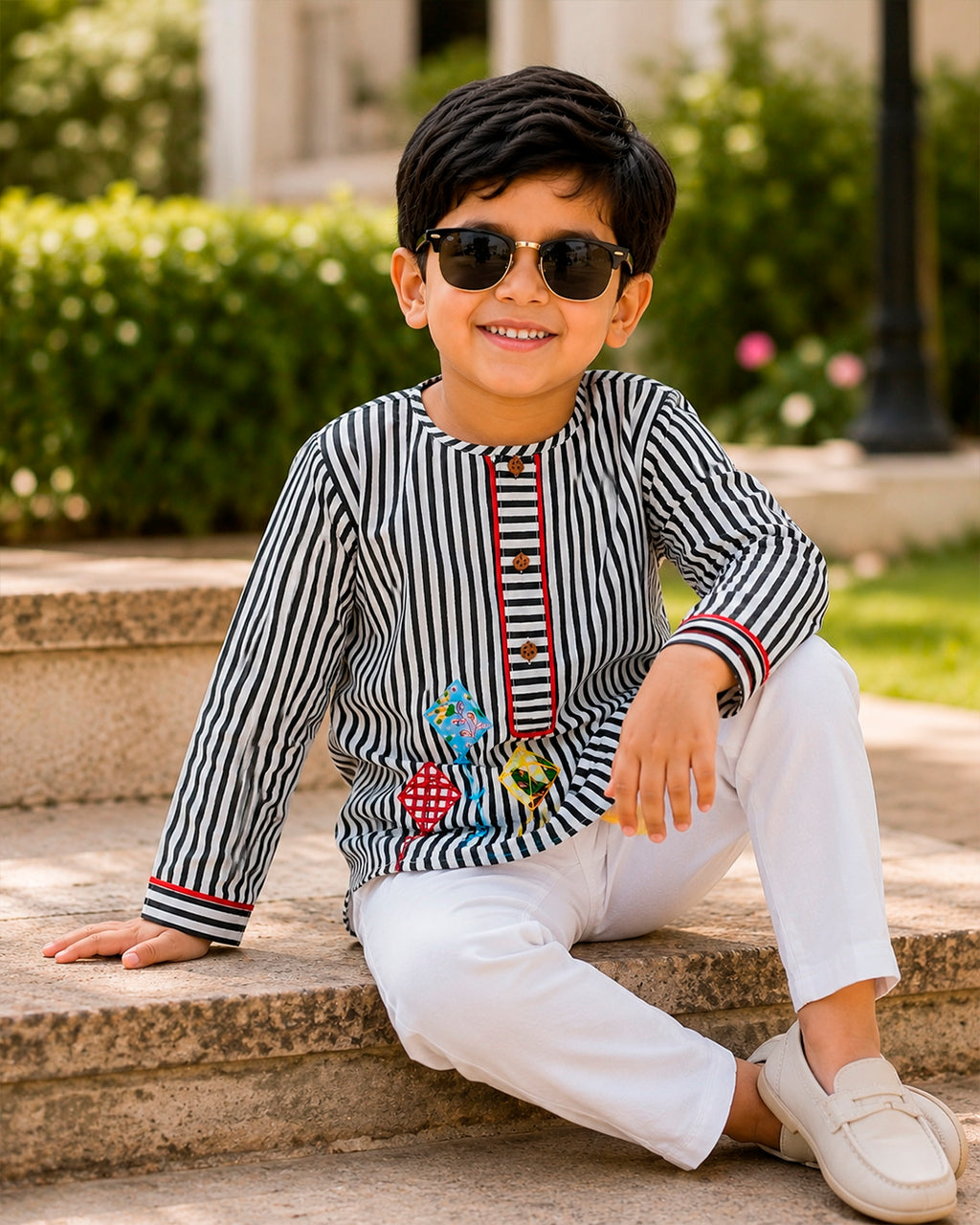 Kite Applique Black Striped Kurta for Boys