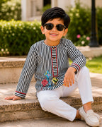 Kite Applique Black Striped Kurta for Boys