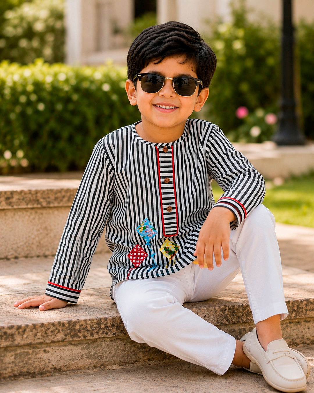 Kite Applique Black Striped Kurta for Boys