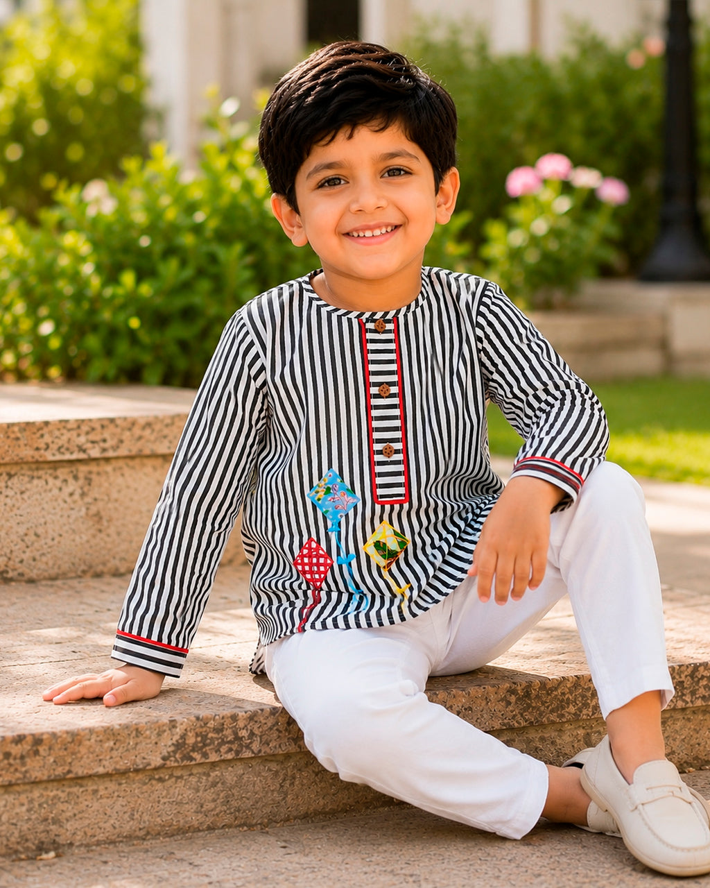 Kite Applique Black Striped Kurta for Boys
