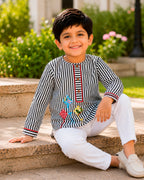 Kite Applique Black Striped Kurta for Boys